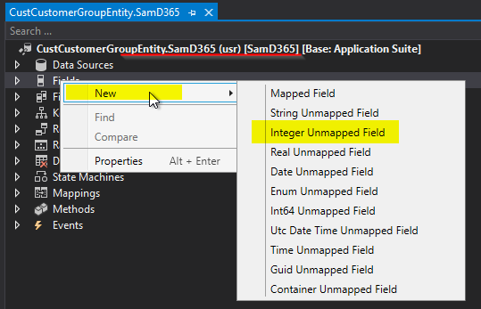 Add a new unmapped field in the extended data entity