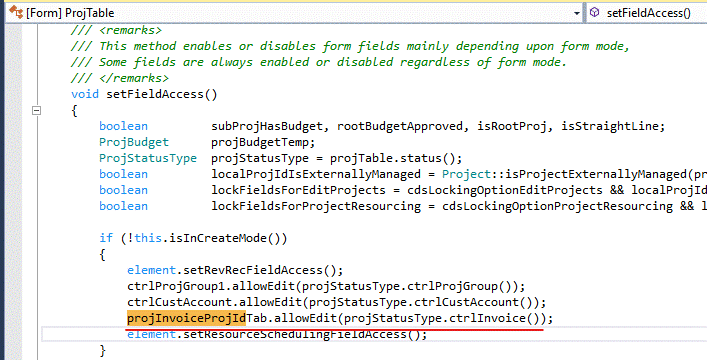 setFieldAccess() in ProjTable form code has higher control over the editablity than Allow Edit property’s value in the form design.