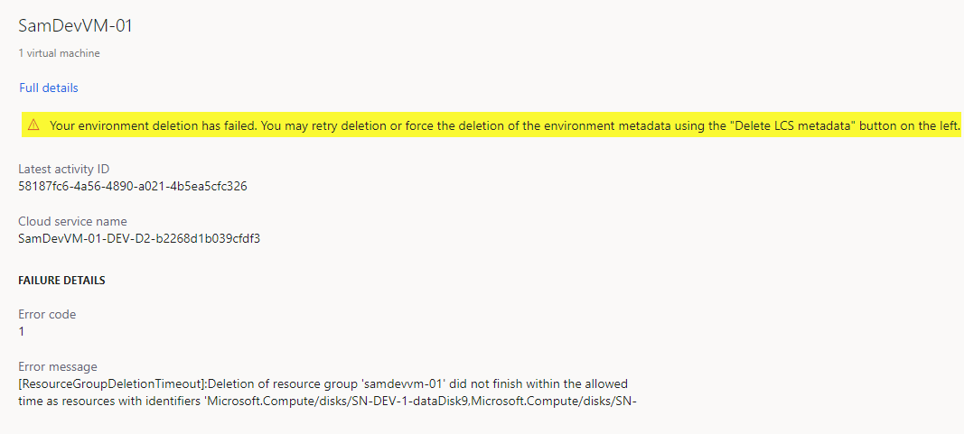 Deleting an environment failure error message